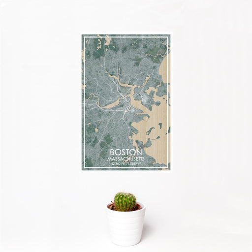 12x18 Boston Massachusetts Map Print Portrait Orientation in Afternoon Style With Small Cactus Plant in White Planter