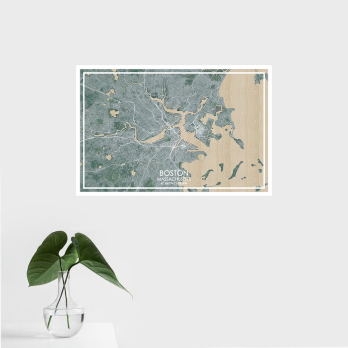 16x24 Boston Massachusetts Map Print Landscape Orientation in Afternoon Style With Tropical Plant Leaves in Water