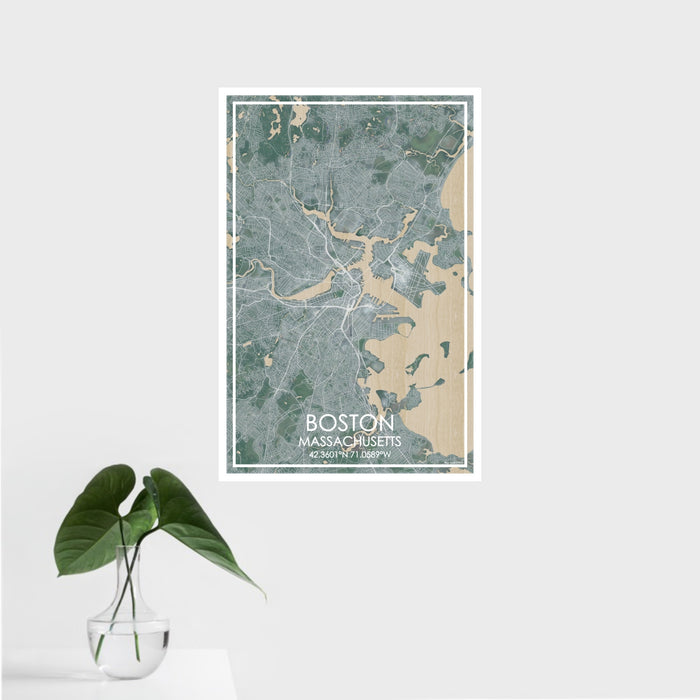 16x24 Boston Massachusetts Map Print Portrait Orientation in Afternoon Style With Tropical Plant Leaves in Water