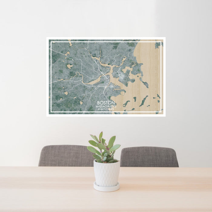 24x36 Boston Massachusetts Map Print Lanscape Orientation in Afternoon Style Behind 2 Chairs Table and Potted Plant