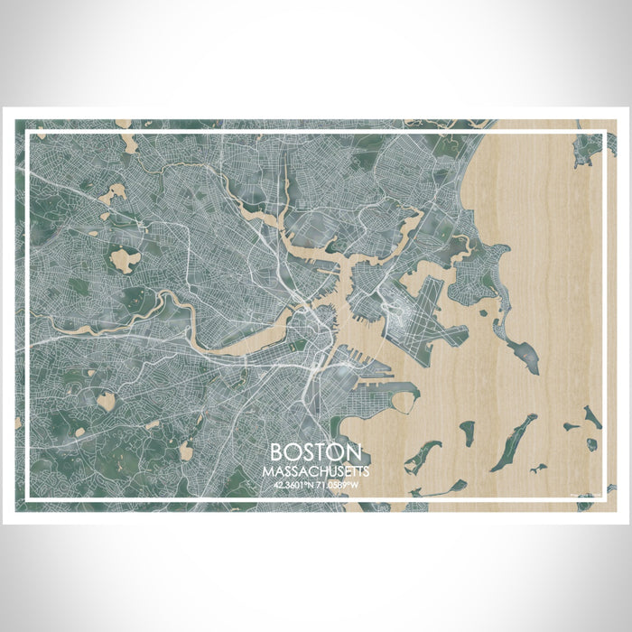 Boston Massachusetts Map Print Landscape Orientation in Afternoon Style With Shaded Background