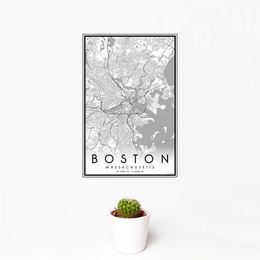 12x18 Boston Massachusetts Map Print Portrait Orientation in Classic Style With Small Cactus Plant in White Planter