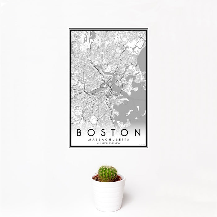 12x18 Boston Massachusetts Map Print Portrait Orientation in Classic Style With Small Cactus Plant in White Planter