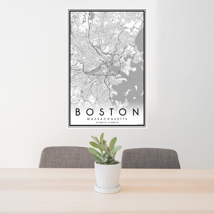 24x36 Boston Massachusetts Map Print Portrait Orientation in Classic Style Behind 2 Chairs Table and Potted Plant