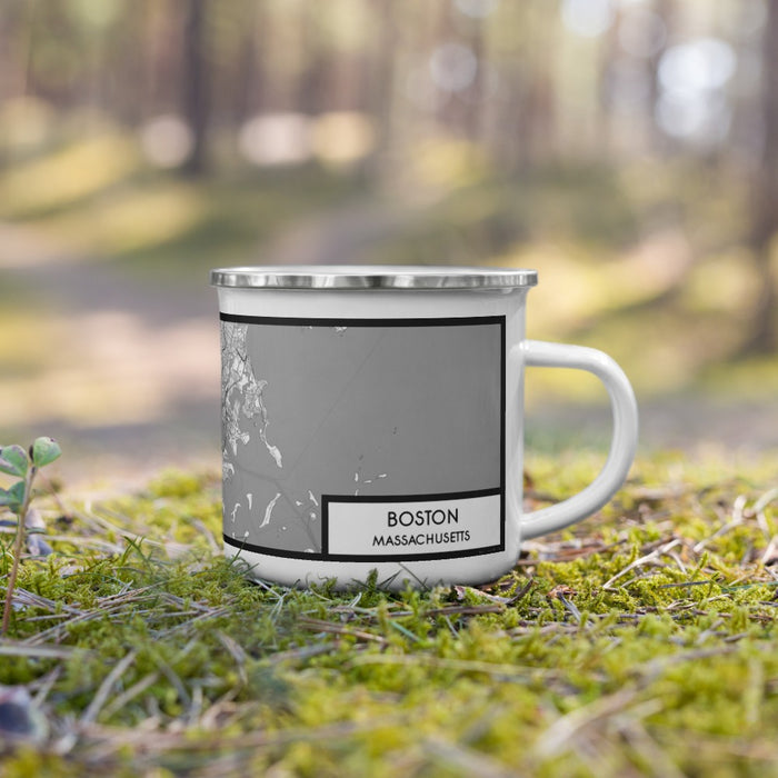 Right View Custom Boston Massachusetts Map Enamel Mug in Classic on Grass With Trees in Background