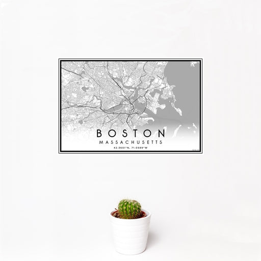 12x18 Boston Massachusetts Map Print Landscape Orientation in Classic Style With Small Cactus Plant in White Planter