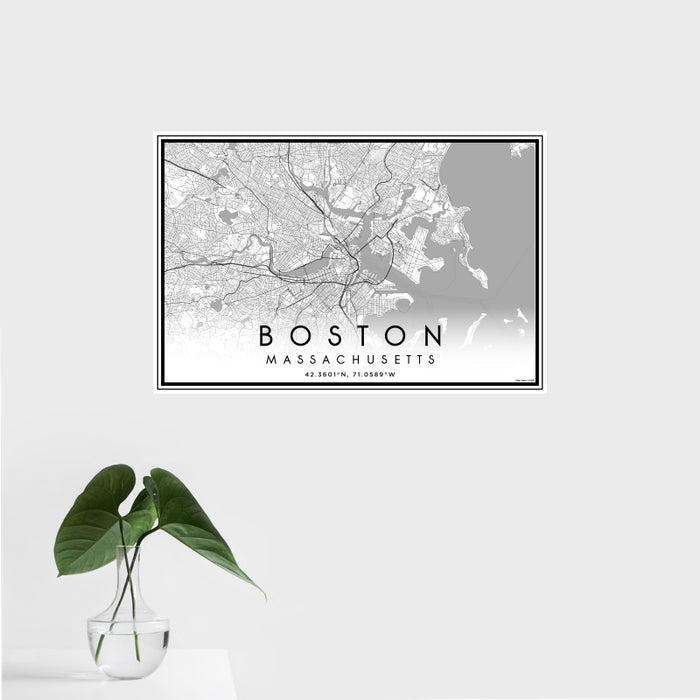 16x24 Boston Massachusetts Map Print Landscape Orientation in Classic Style With Tropical Plant Leaves in Water