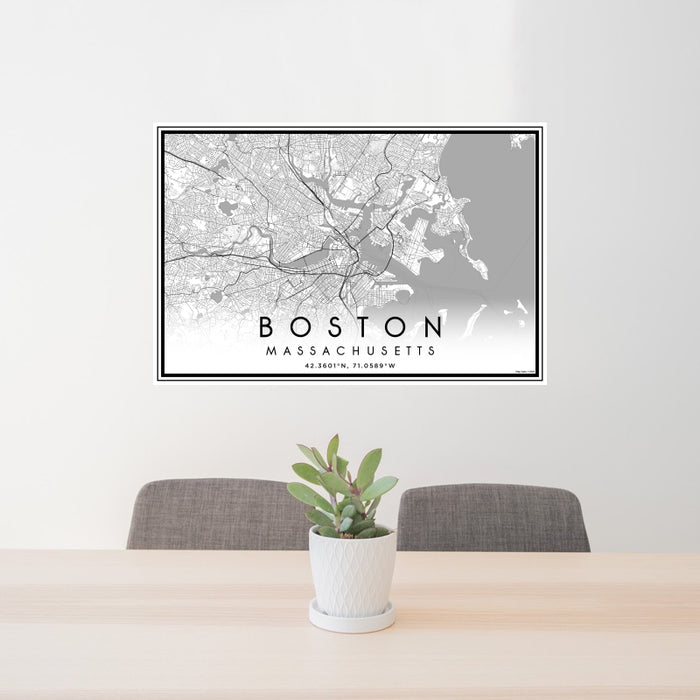 24x36 Boston Massachusetts Map Print Landscape Orientation in Classic Style Behind 2 Chairs Table and Potted Plant