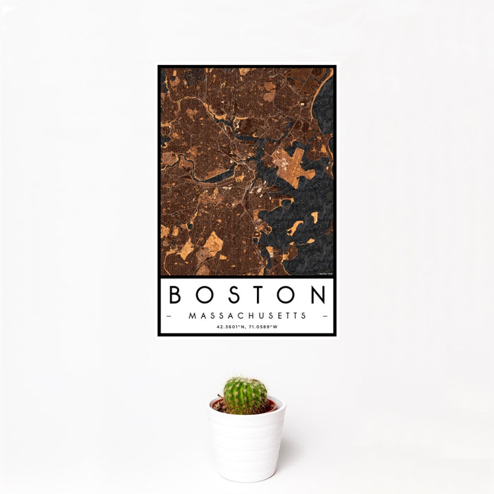 12x18 Boston Massachusetts Map Print Portrait Orientation in Ember Style With Small Cactus Plant in White Planter