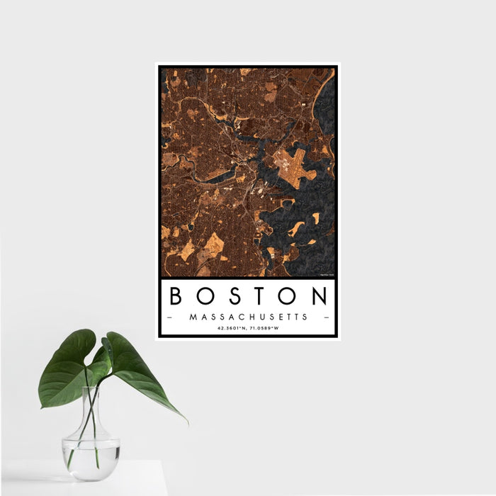 16x24 Boston Massachusetts Map Print Portrait Orientation in Ember Style With Tropical Plant Leaves in Water