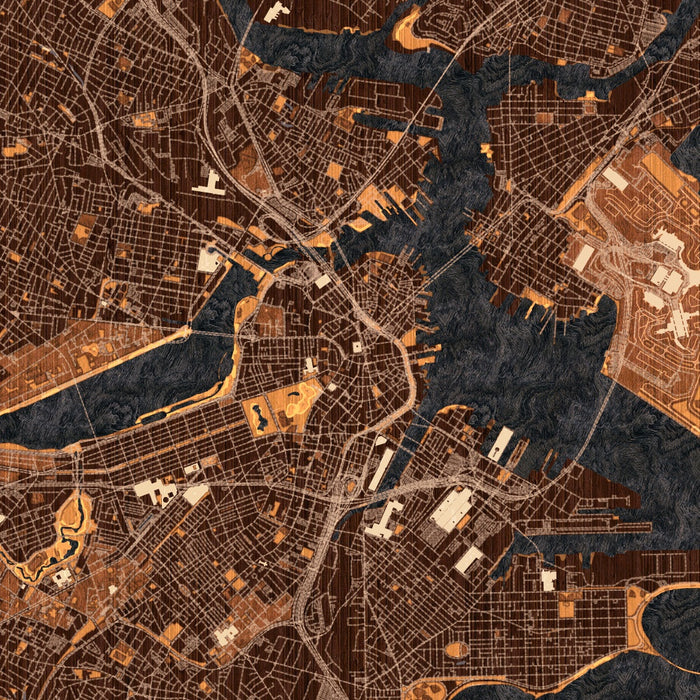 Boston Massachusetts Map Print in Ember Style Zoomed In Close Up Showing Details