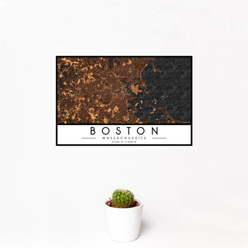 12x18 Boston Massachusetts Map Print Landscape Orientation in Ember Style With Small Cactus Plant in White Planter