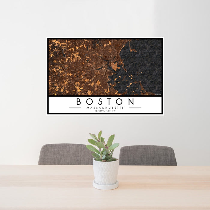 24x36 Boston Massachusetts Map Print Landscape Orientation in Ember Style Behind 2 Chairs Table and Potted Plant