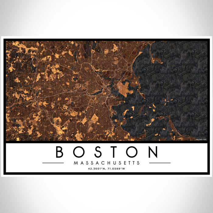 Boston Massachusetts Map Print Landscape Orientation in Ember Style With Shaded Background