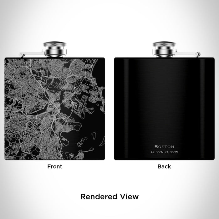 Rendered View of Boston Massachusetts Map Engraving on 6oz Stainless Steel Flask in Black