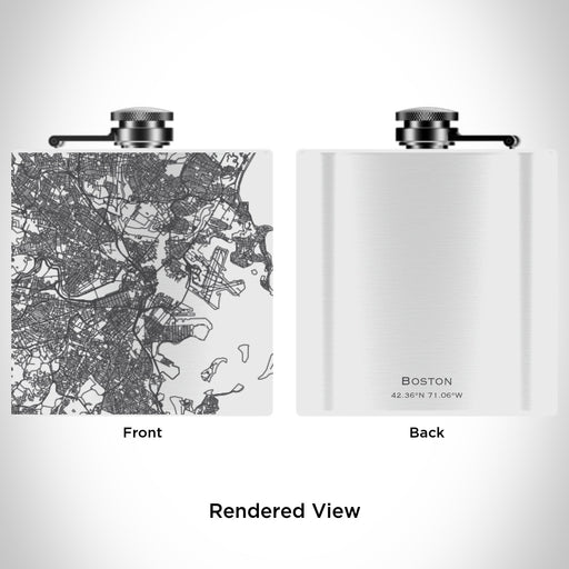 Rendered View of Boston Massachusetts Map Engraving on 6oz Stainless Steel Flask in White