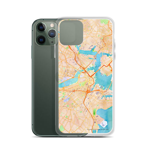 Custom Boston Massachusetts Map Phone Case in Watercolor on Table with Laptop and Plant