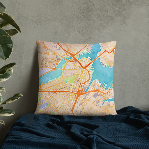 Custom Boston Massachusetts Map Throw Pillow in Watercolor on Bedding Against Wall