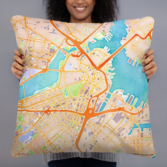 Person holding 22x22 Custom Boston Massachusetts Map Throw Pillow in Watercolor
