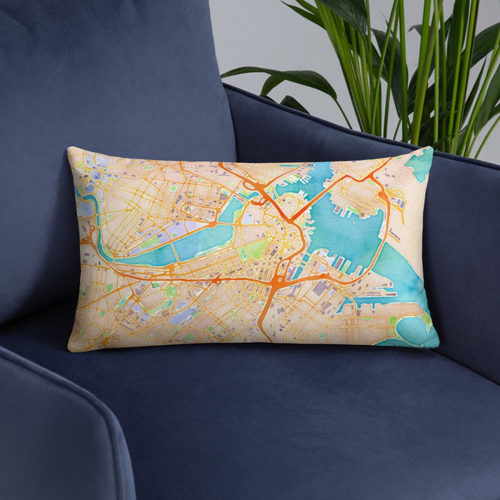 Custom Boston Massachusetts Map Throw Pillow in Watercolor on Blue Colored Chair