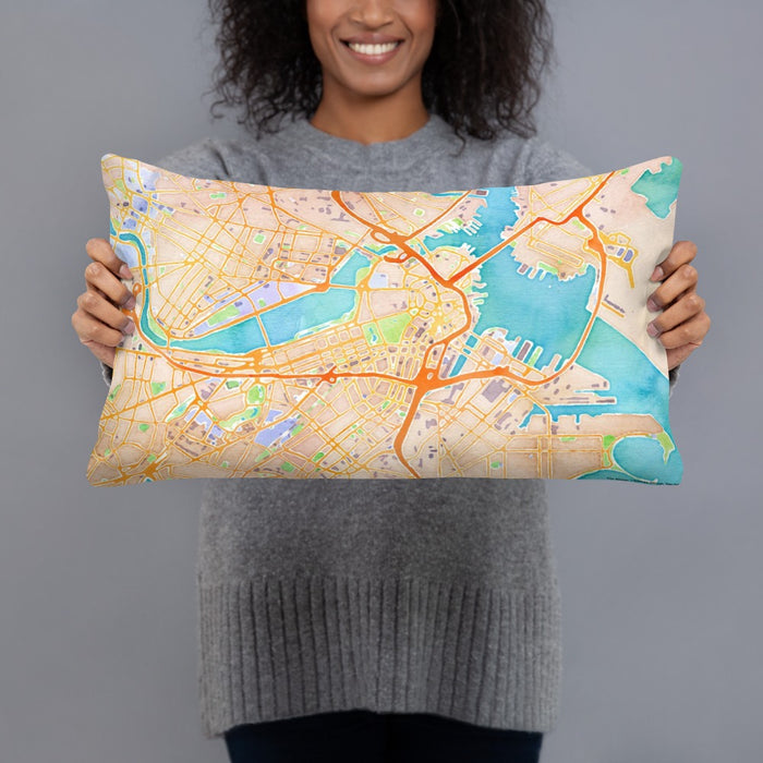 Person holding 20x12 Custom Boston Massachusetts Map Throw Pillow in Watercolor