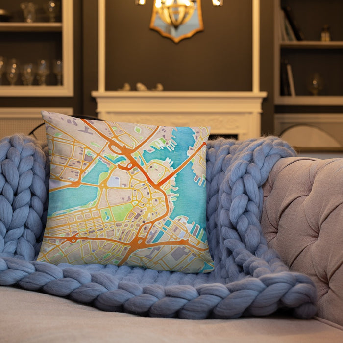 Custom Boston Massachusetts Map Throw Pillow in Watercolor on Cream Colored Couch