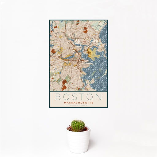12x18 Boston Massachusetts Map Print Portrait Orientation in Woodblock Style With Small Cactus Plant in White Planter