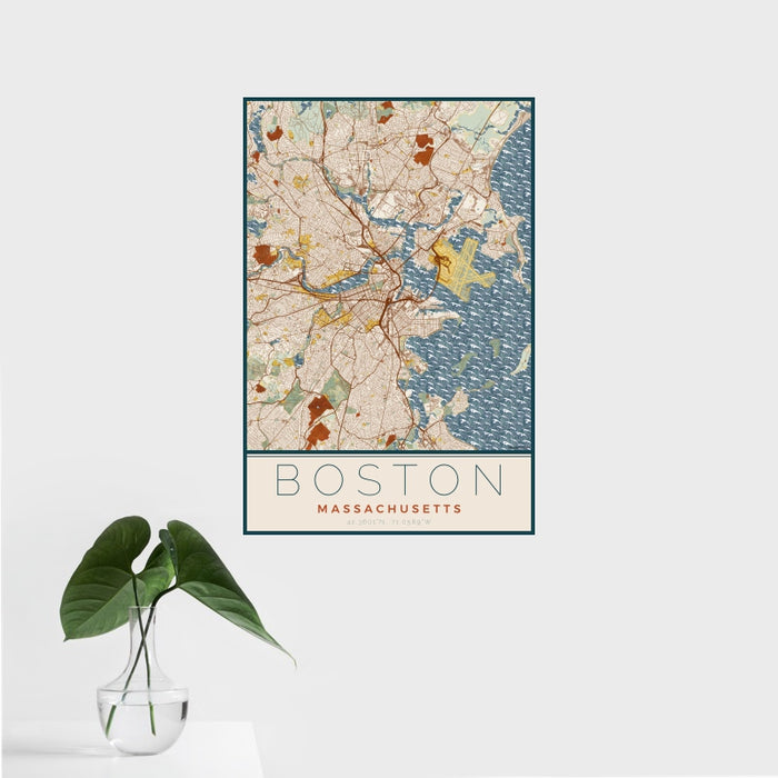 16x24 Boston Massachusetts Map Print Portrait Orientation in Woodblock Style With Tropical Plant Leaves in Water