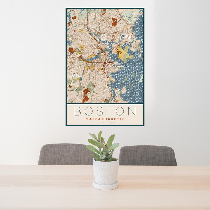 24x36 Boston Massachusetts Map Print Portrait Orientation in Woodblock Style Behind 2 Chairs Table and Potted Plant