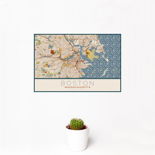 12x18 Boston Massachusetts Map Print Landscape Orientation in Woodblock Style With Small Cactus Plant in White Planter