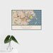 16x24 Boston Massachusetts Map Print Landscape Orientation in Woodblock Style With Tropical Plant Leaves in Water