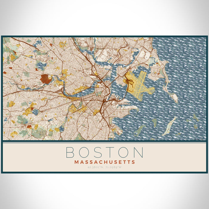 Boston Massachusetts Map Print Landscape Orientation in Woodblock Style With Shaded Background
