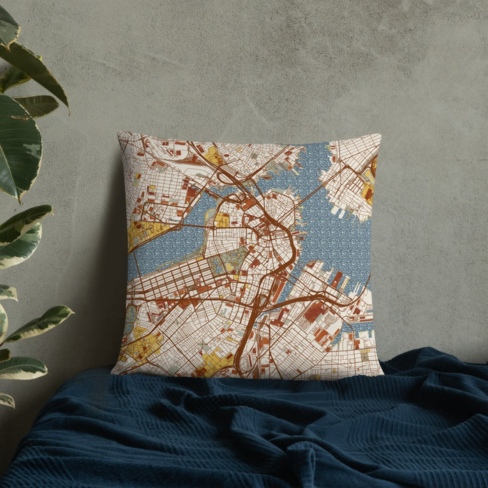 Custom Boston Massachusetts Map Throw Pillow in Woodblock on Bedding Against Wall
