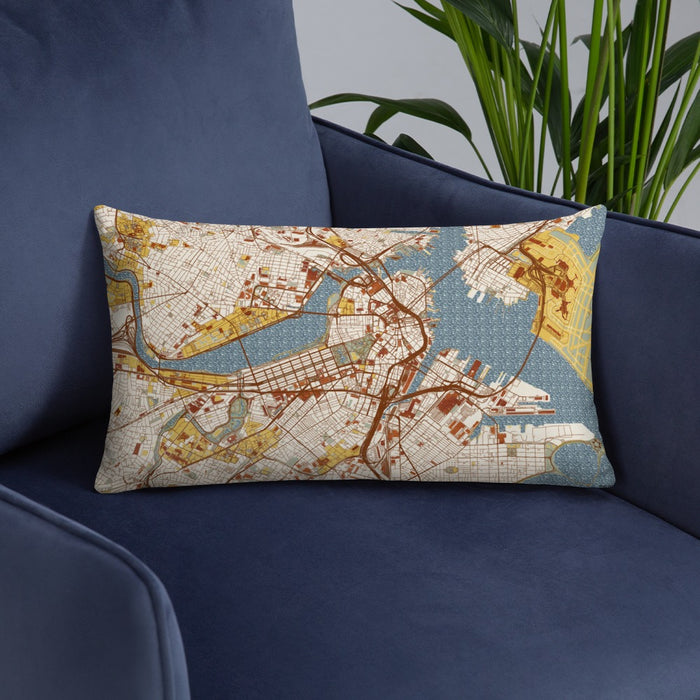 Custom Boston Massachusetts Map Throw Pillow in Woodblock on Blue Colored Chair