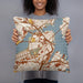 Person holding 18x18 Custom Boston Massachusetts Map Throw Pillow in Woodblock