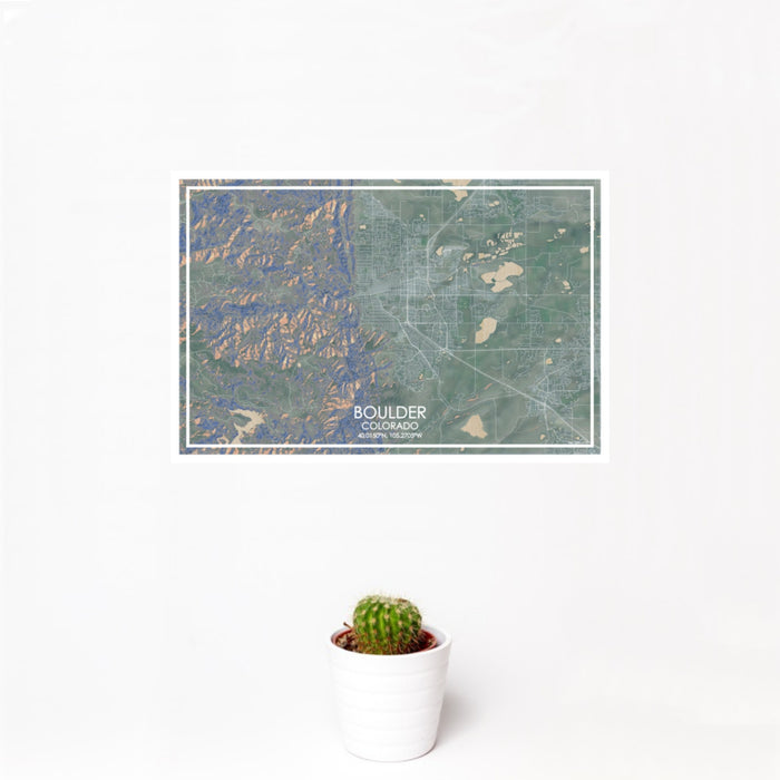 12x18 Boulder Colorado Map Print Landscape Orientation in Afternoon Style With Small Cactus Plant in White Planter