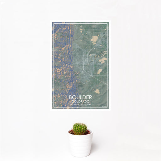 12x18 Boulder Colorado Map Print Portrait Orientation in Afternoon Style With Small Cactus Plant in White Planter