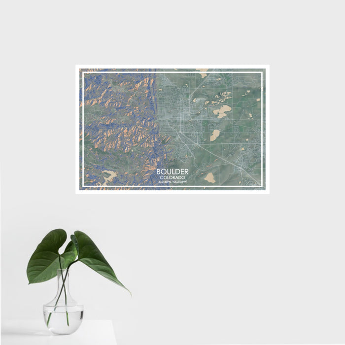 16x24 Boulder Colorado Map Print Landscape Orientation in Afternoon Style With Tropical Plant Leaves in Water