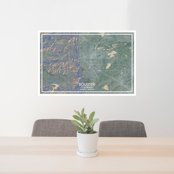 24x36 Boulder Colorado Map Print Lanscape Orientation in Afternoon Style Behind 2 Chairs Table and Potted Plant