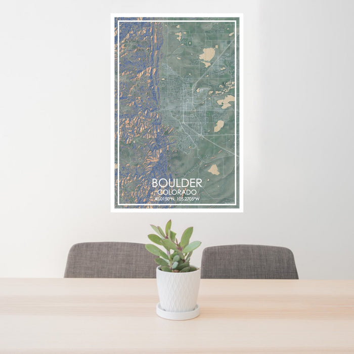 24x36 Boulder Colorado Map Print Portrait Orientation in Afternoon Style Behind 2 Chairs Table and Potted Plant