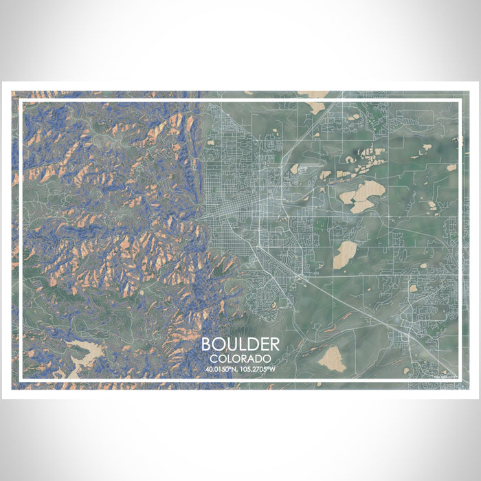 Boulder Colorado Map Print Landscape Orientation in Afternoon Style With Shaded Background