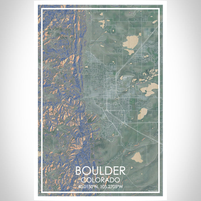 Boulder Colorado Map Print Portrait Orientation in Afternoon Style With Shaded Background
