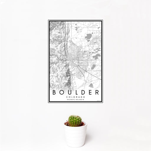 12x18 Boulder Colorado Map Print Portrait Orientation in Classic Style With Small Cactus Plant in White Planter