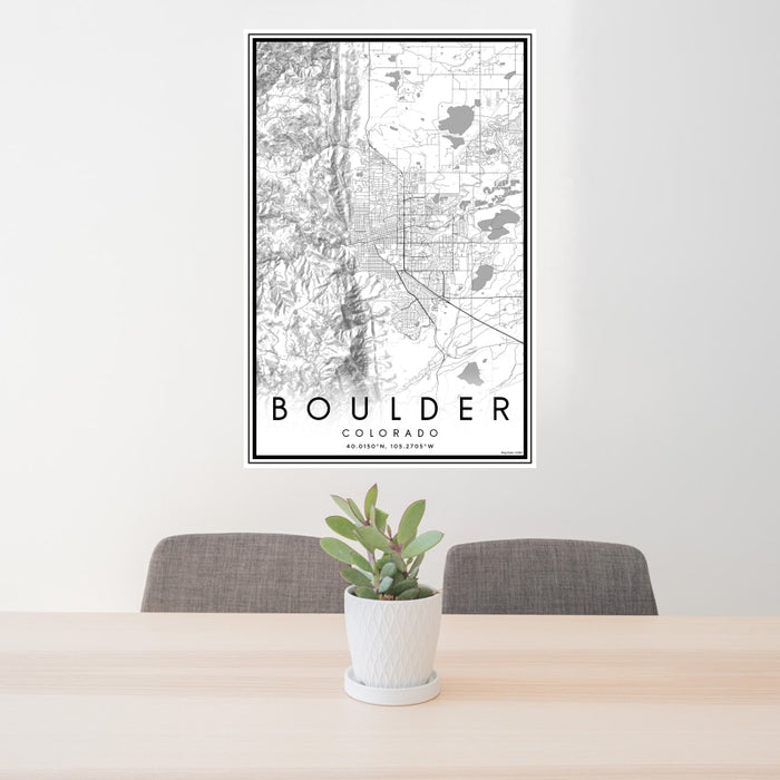 24x36 Boulder Colorado Map Print Portrait Orientation in Classic Style Behind 2 Chairs Table and Potted Plant
