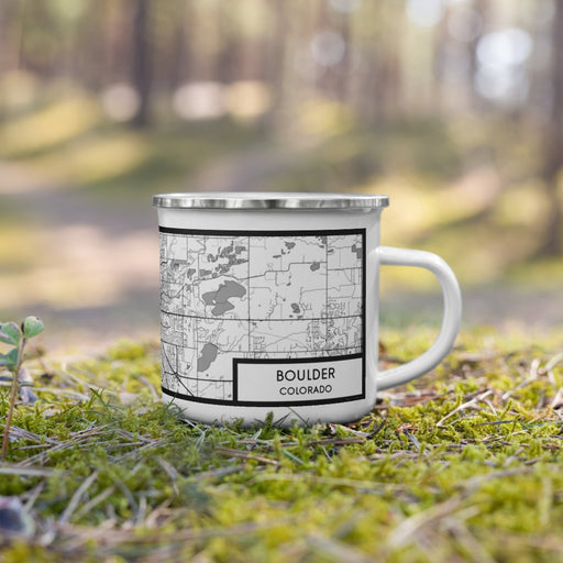 Right View Custom Boulder Colorado Map Enamel Mug in Classic on Grass With Trees in Background