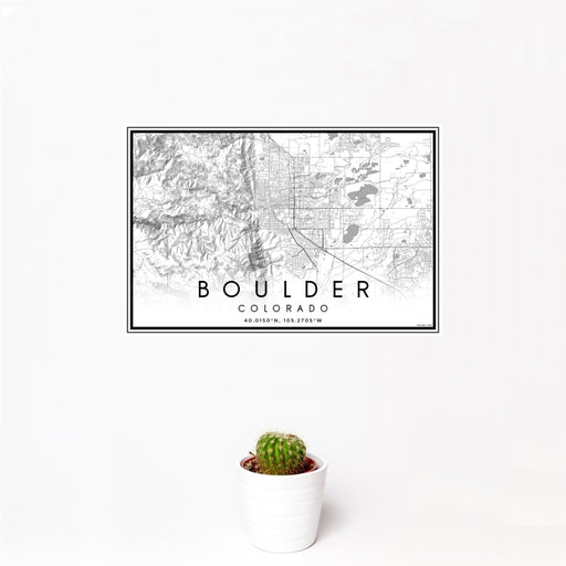 12x18 Boulder Colorado Map Print Landscape Orientation in Classic Style With Small Cactus Plant in White Planter