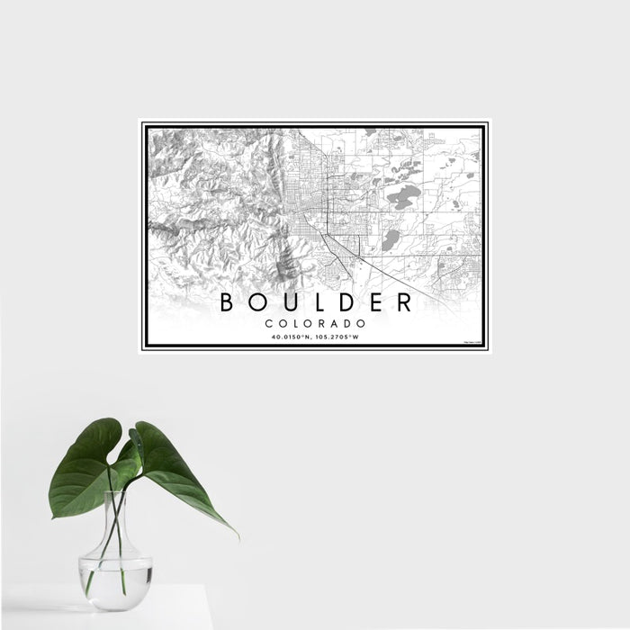 16x24 Boulder Colorado Map Print Landscape Orientation in Classic Style With Tropical Plant Leaves in Water