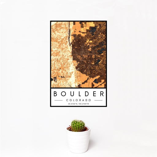 12x18 Boulder Colorado Map Print Portrait Orientation in Ember Style With Small Cactus Plant in White Planter