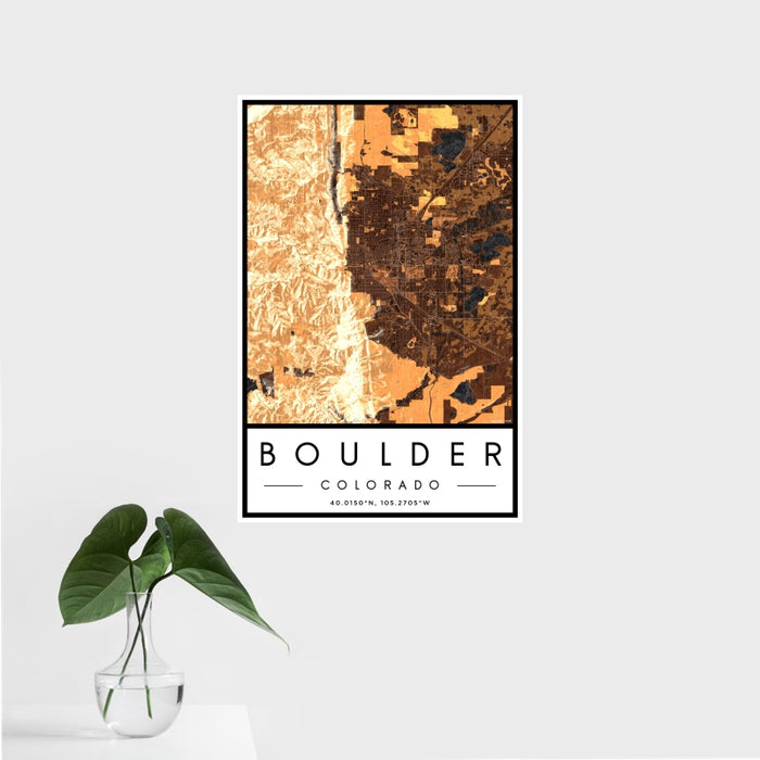 16x24 Boulder Colorado Map Print Portrait Orientation in Ember Style With Tropical Plant Leaves in Water