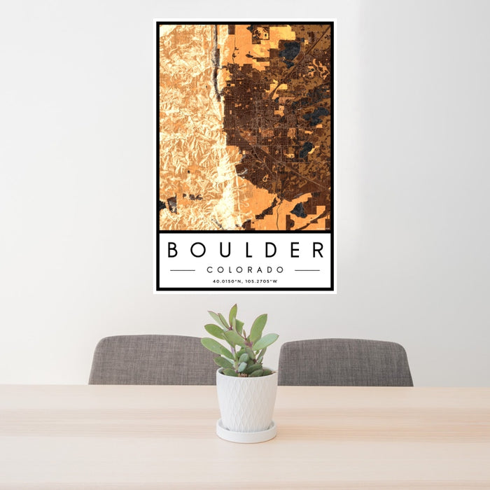 24x36 Boulder Colorado Map Print Portrait Orientation in Ember Style Behind 2 Chairs Table and Potted Plant